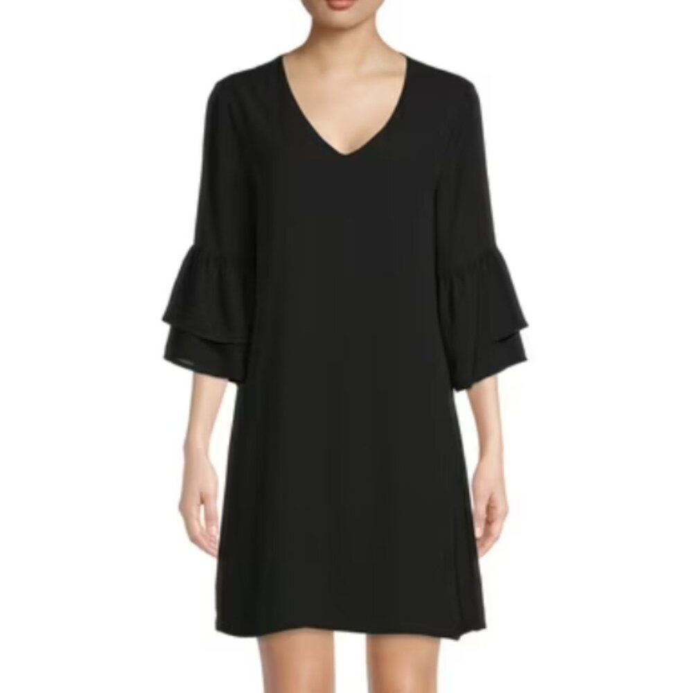 Nine.Eight Black V-Neck Flounce Sleeve Above Knee Shift Dress NWT